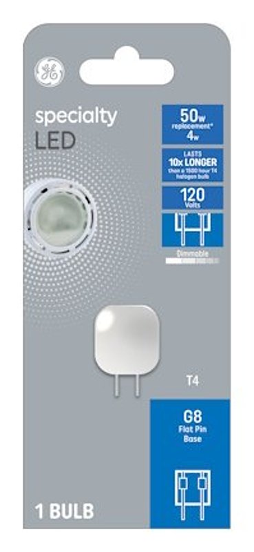GE GE 93129011 LED Bulb, Specialty, T4 Lamp, G8 Lamp Base, Dimmable, Clear, Soft White Light, 3000 K Color Temp