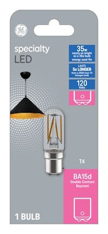 GE GE 93129023 LED Bulb, T4 Lamp, 50 W Equivalent, Ba15d Bayonet Lamp Base, Clear, Soft White Light, 3000 K Color Temp