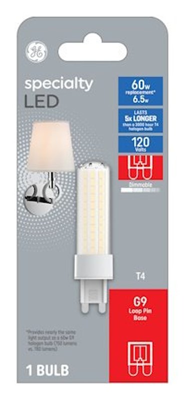 GE GE 93129028 LED Bulb, Specialty, T4 Lamp, G9 Lamp Base, Dimmable, Soft White Light, 3000 K Color Temp