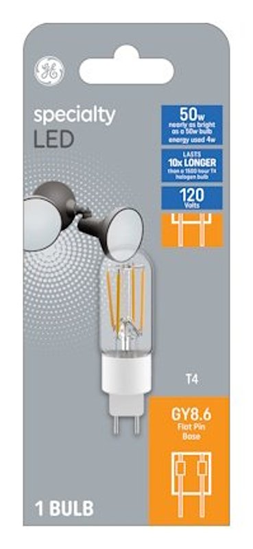 GE GE 93129029 LED Bulb, T4 Lamp, 50 W Equivalent, G8.6 Flat Pin Lamp Base, Dimmable, Frosted, Soft White