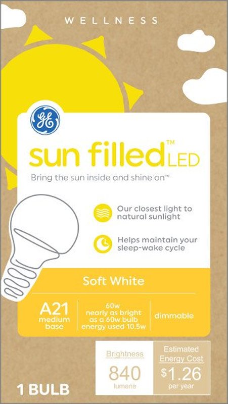 GE GE Sun Filled 93129184 LED Light Bulb, General-Purpose, A21 Lamp, 60 W Equivalent, E26 Medium Lamp Base, Dimmable, White ELECTRICAL GE