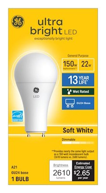 GE GE 93129364 LED Bulb, A21 Lamp, 150 W Equivalent, GU24 Lamp Base, Dimmable, Soft White Light, 2700 K Color Temp
