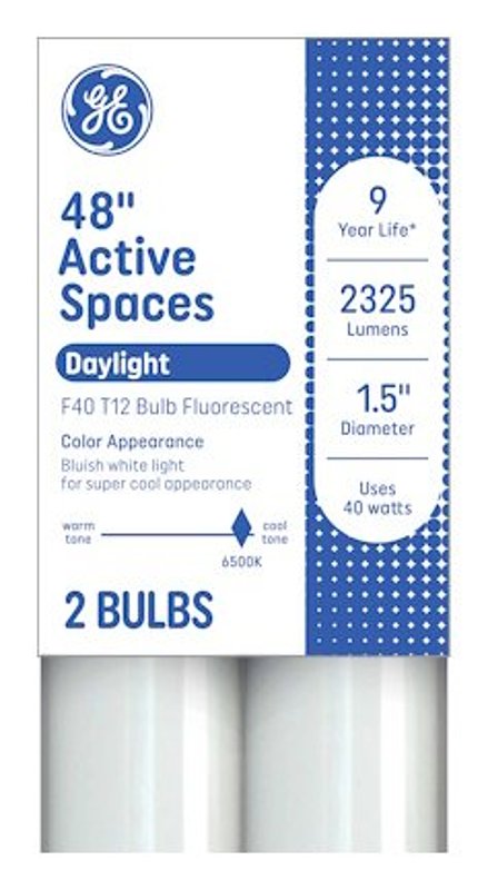 GE GE 93130677 Tube Light Bulb, 40 W, T12 Linear Lamp, G13 Bi-Pin Lamp Base, 2900 Lumens, 6500 K Color Temp, Daylight ELECTRICAL GE