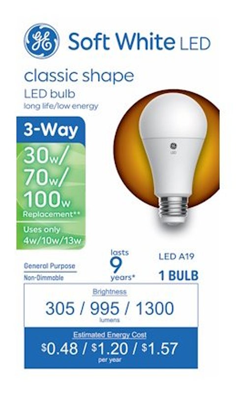 GE GE Basic Series 93131783 Light Bulb, Three-Way, A19 Lamp, 100 W Equivalent, DC Medium Lamp Base, Frosted, Soft White