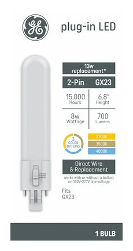 GE GE 93131926 LED Light Bulb, T10 Lamp, 13 W Equivalent, GX23 Lamp Base, Cool White/Daylight/Warm White ELECTRICAL GE