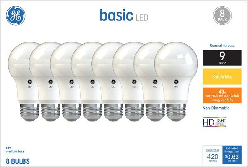 GE GE 37033 LED Light Bulb, A19 Lamp, 40 W Equivalent, E26 Medium Screw Lamp Base, No, Diffuse, Soft White ELECTRICAL GE