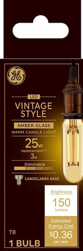 GE GE 93129850 Light Bulb, Decorative, T8 Lamp, 25 W Equivalent, E12 Candelabra Lamp Base, Dimmable, Amber