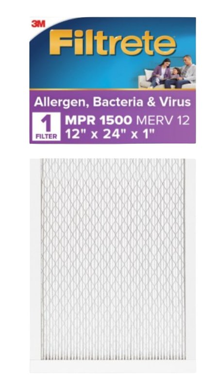 FILTRETE Filtrete 2020-4 Air Filter, 24 in L, 12 in W, 12 MERV, 1500 MPR, For: Air Conditioner, Furnace and HVAC System