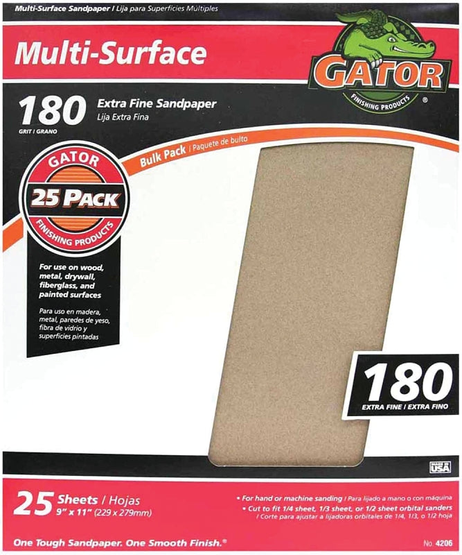 GATOR Gator 3261 Sanding Sheet, 11 in L, 9 in W, Aluminum Oxide Abrasive, 180 Grit, Extra Fine