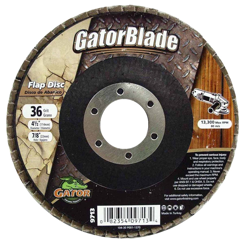 GATOR GatorBlade 9713 Flap Disc, 4-1/2 in Dia, 7/8 in Arbor, 36 Grit, Zirconium Oxide Abrasive TOOLS GATOR