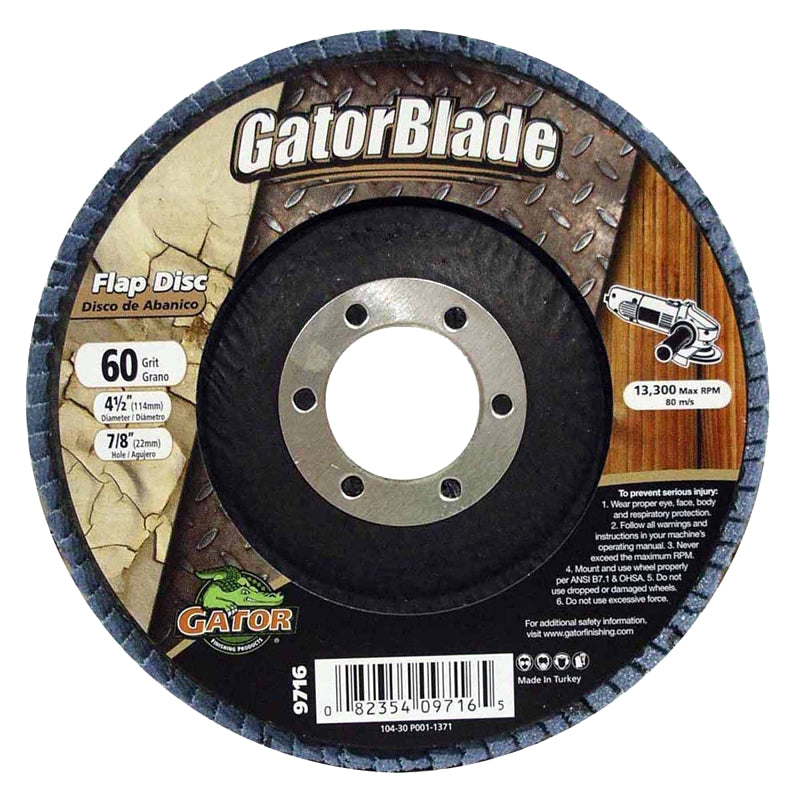GATOR Gator 9716 Flap Disc, 4-1/2 in Dia, 7/8 in Arbor, 60 Grit, Zirconium Oxide Abrasive TOOLS GATOR