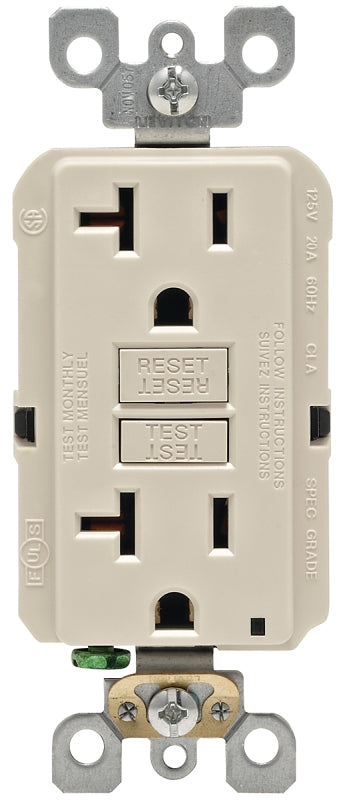 LEVITON Leviton R96-GFNT2-0KT GFCI Duplex Receptacle, 2 -Pole, 20 A, 125 V, Back, Side Wiring, NEMA: 5-15R, Light Almond ELECTRICAL LEVITON