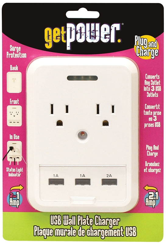 GET POWER GetPower GP-3USB-AC-AC USB Wallplate Charger, 4.1 A, 5 -Outlet, White ELECTRICAL GET POWER