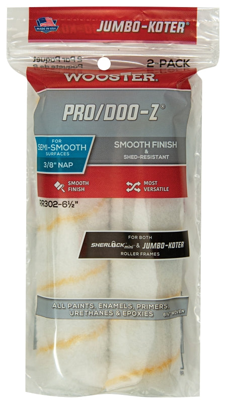 WOOSTER BRUSH Wooster RR302-6 1/2 Roller Cover, White, 3/8 in Thick Nap, 6-1/2 in L, Fabric Cover, 2/PK