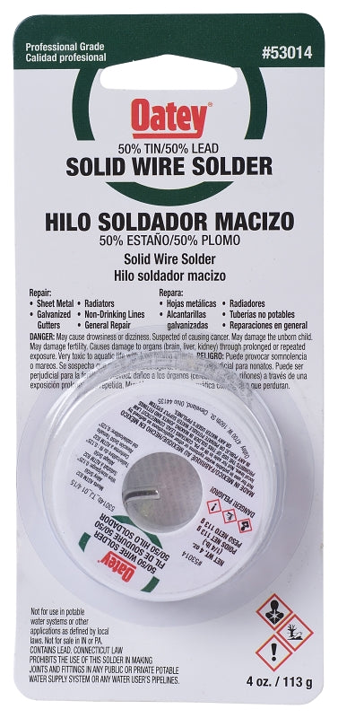 OATEY Oatey 53014 Leaded Solder, 1/4 lb Carded, Solid, Silver, 361 to 421 deg F Melting Point