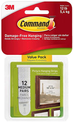 COMMAND Command 17204-12ES Medium Picture Hanging Strip, 3/4 in W, 2-3/4 in L, Foam Backing, White, 3 lb