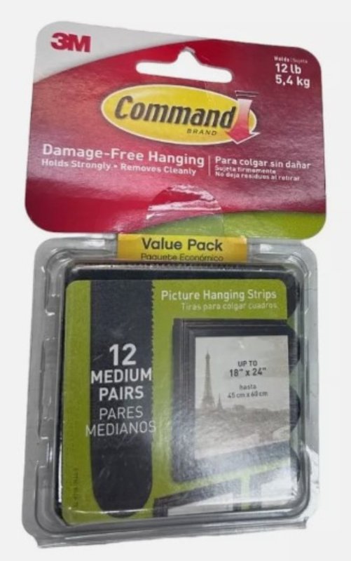 COMMAND Command 17204BLK-12ES Medium Picture Hanging Strip, 3/4 in W, 2-3/4 in L, Foam Backing, Black, 3 lb