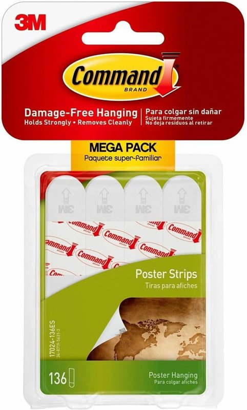 COMMAND Command 17024-136ES Small Poster Strip, 5/8 in W, 1.813 in L, Foam Backing, White, 1 lb