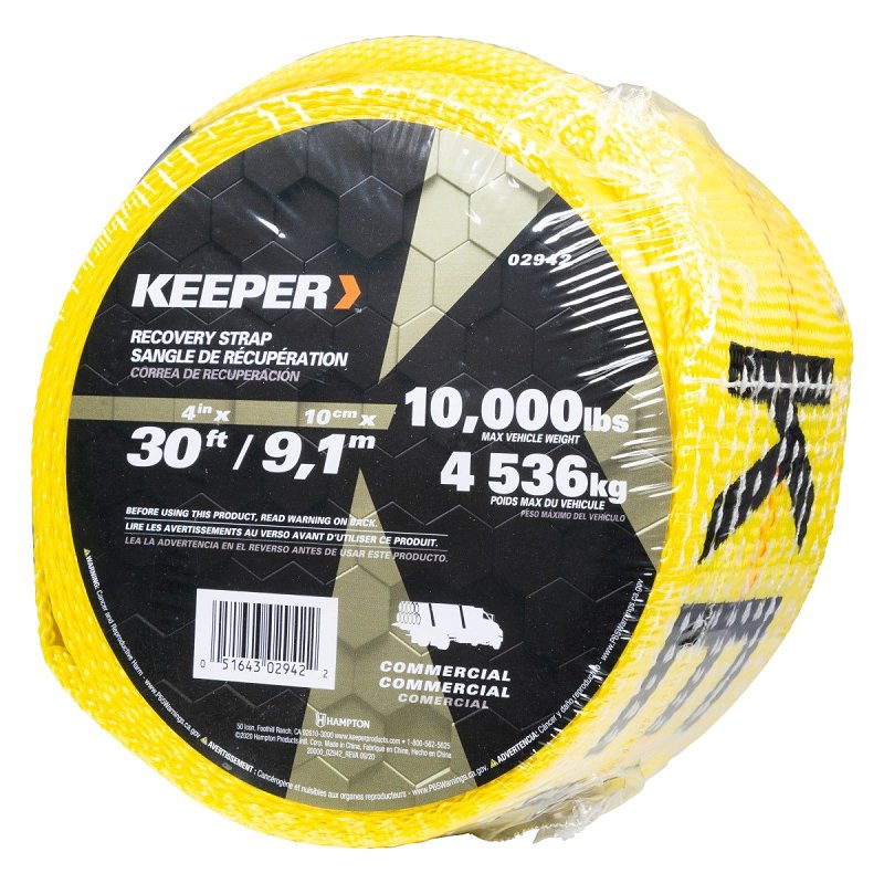 KEEPER Keeper 02942 Recovery Strap with Ware Guard, 20,000 lb, 4 in W, 30 ft L, Hook End, Yellow