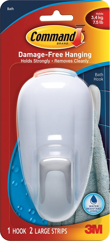 COMMAND Command 17600B-ES Bath Jumbo Hook, 7.5 lb, 1-Hook, Plastic, White