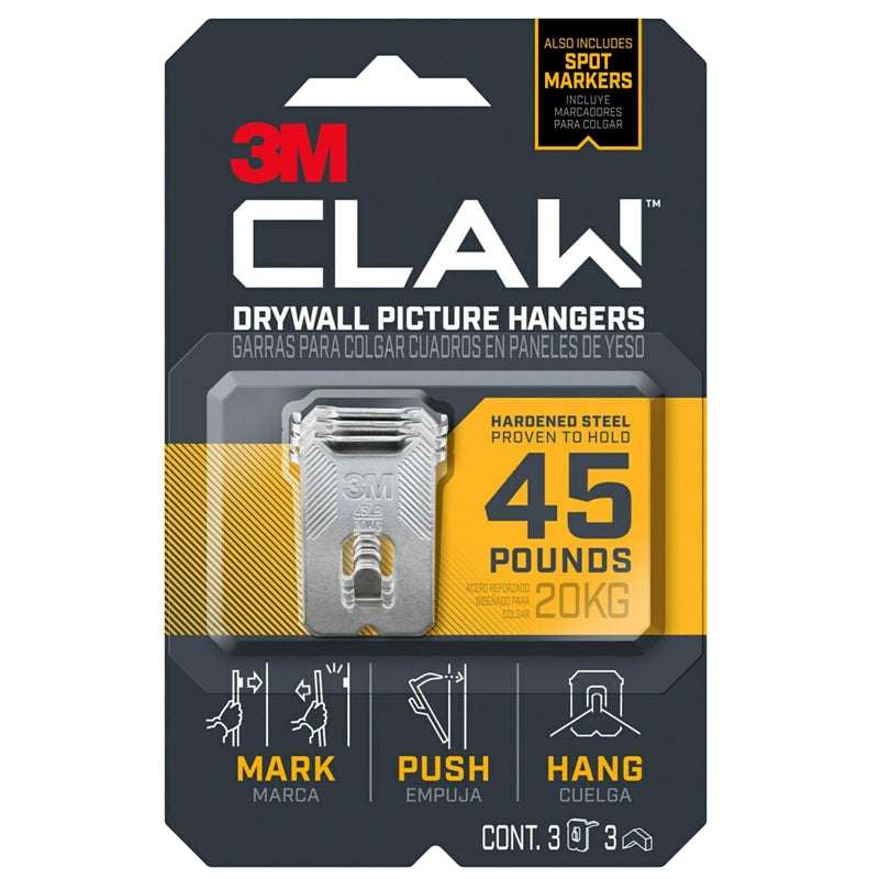 CLAW 3M CLAW 3PH45M-3ES Drywall Picture Hanger, 45 lb, Steel, Push-In, 3/PK