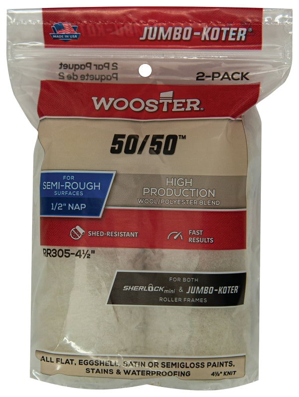 WOOSTER BRUSH Wooster RR305-4 1/2 Roller Cover, 1/2 in Thick Nap, 4-1/2 in L, Lambs Wool/Polyester Cover, Creamy PAINT WOOSTER BRUSH