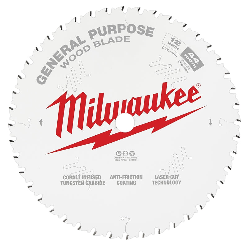 MILWAUKEE Milwaukee 48-40-1220 Circular Saw Blade, 12 in Dia, 1 in Arbor, 44-Teeth, Cobalt/Tungsten Carbide Cutting Edge
