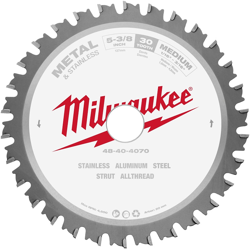 MILWAUKEE Milwaukee 48-40-4070 Circular Saw Blade, 5-3/8 in Dia, 20 mm Arbor, 30-Teeth, Carbide Cutting Edge