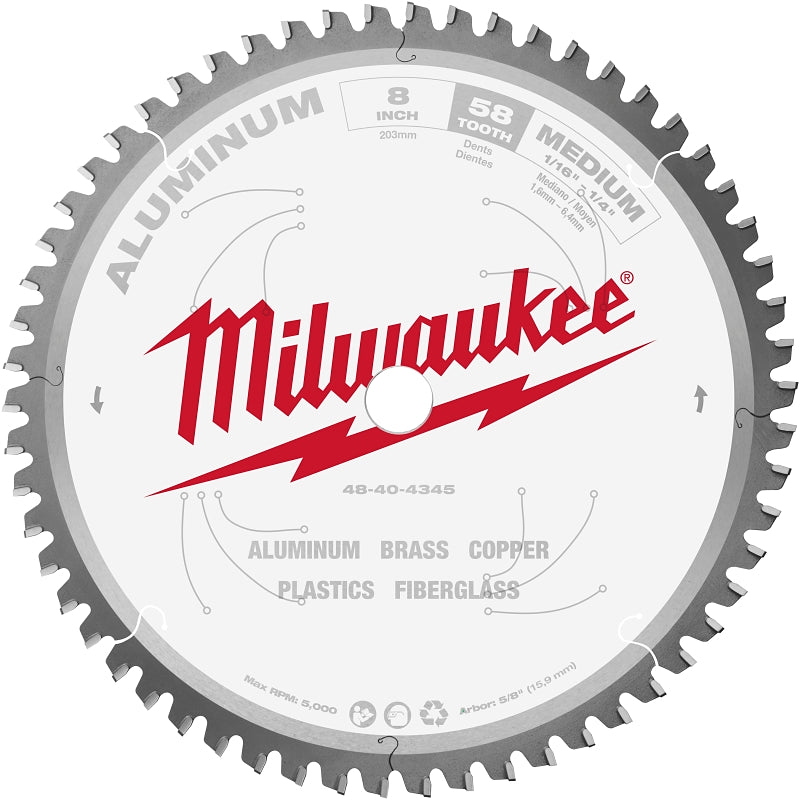 MILWAUKEE Milwaukee 48-40-4345 Circular Saw Blade, 8 in Dia, 5/8 in Arbor, 58-Teeth, Carbide Cutting Edge TOOLS MILWAUKEE
