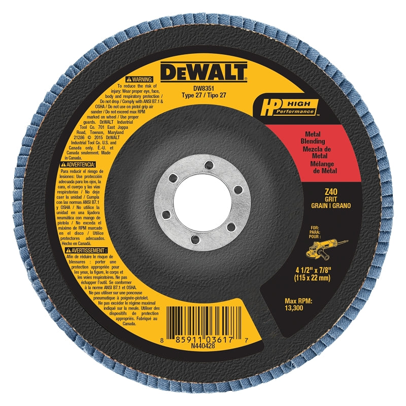 DEWALT DEWALT DW8351 Flap Disc, 4-1/2 in Dia, 7/8 in Arbor, Coated, 40 Grit, Coarse, Zirconia Abrasive, Fiberglass Backing TOOLS DEWALT
