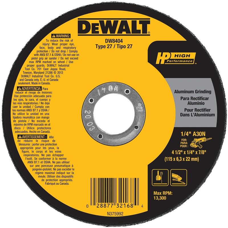 DEWALT DEWALT DW8404 Grinding Wheel, 4-1/2 in Dia, 1/4 in Thick, 7/8 in Arbor, 30 Grit, Very Coarse, Aluminum Oxide Abrasive