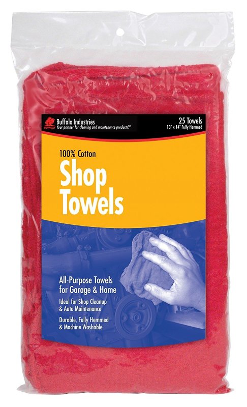 BUFFALO INDUSTRIES LLC Buffalo 62013C Shop Towel, Red, 25, 14 in L, 14 in W, Cotton AUTOMOTIVE BUFFALO INDUSTRIES LLC