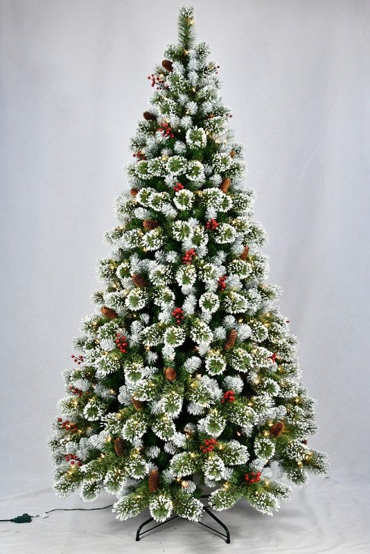 SANTAS FOREST Santas Forest 39115 Frosted Colorado Spruce Tree, 7-1/2 ft H, w/Berries & Pinecones, Silver Glitter