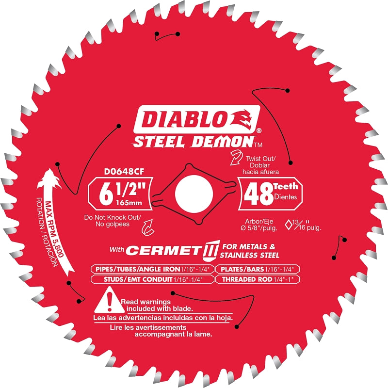 DIABLO Diablo D0648CFA Saw Blade, 6-1/2 in Dia, 48-Teeth, 5/8 in Arbor, Cermet Cutting Edge TOOLS DIABLO