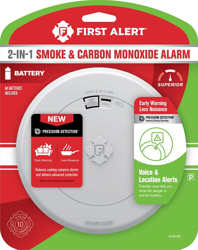 FIRST ALERT First Alert 1046795 2-in-1 Smoke and Carbon Monoxide Alarm, Alarm: Audible, Electrochemical, Photoelectric Sensor