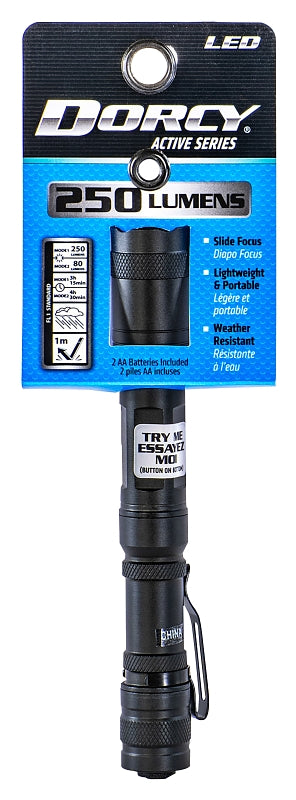 DORCY Dorcy 41-4117 Flashlight, AA Battery, Alkaline Battery, 250 Lumens High, 80 Lumens Low Lumens, Spot Beam, Black ELECTRICAL DORCY
