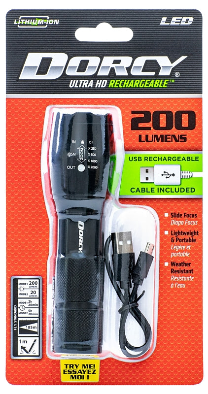 DORCY Dorcy Ultra HD Series 41-4379 Flashlight, Lithium-Ion, Rechargeable Battery, 200 Lumens Lumens, Flood, Spot Beam, Black
