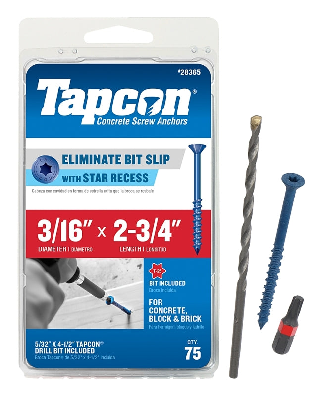 TAPCON Tapcon 28365 Concrete Screw Anchor, T25 Screw, 3/16 in Dia, 2-3/4 in L, Steel, Climaseal, 75/PK HARDWARE & FARM SUPPLIES TAPCON