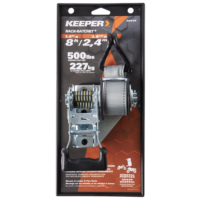 KEEPER Keeper 05530 Rack Ratchet, 1-1/2 in W, 8 ft L, Polyester, Black, 500 lb Working Load, Double J-Hook End