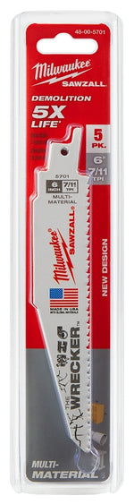 MILWAUKEE Milwaukee The WRECKER 48-00-5701 Reciprocating Saw Blade, 0.05 in W, 6 in L, 7/11 TPI, Bi-Metal Cutting Edge TOOLS MILWAUKEE