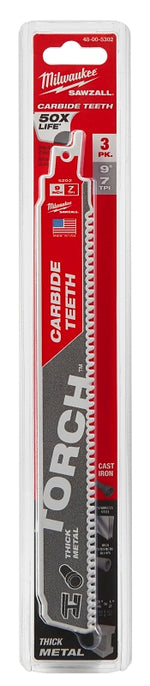 MILWAUKEE Milwaukee TORCH 48-00-5302 Series Reciprocating Saw Blade, 1 in W, 9 in L, 7 TPI, Carbide Cutting Edge, 3/PK TOOLS MILWAUKEE