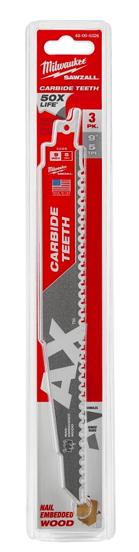 MILWAUKEE Milwaukee AX SAWZALL 48-00-5326 Reciprocating Saw Blade, 3/4 in W, 9 in L, 5 TPI, Carbide Cutting Edge
