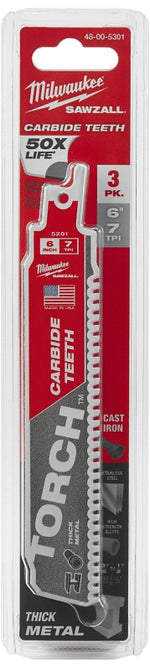 MILWAUKEE Milwaukee TORCH 48-00-5301 Series Reciprocating Saw Blade, 1 in W, 6 in L, 7 TPI, Carbide Cutting Edge, 3/PK TOOLS MILWAUKEE