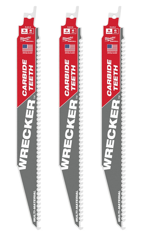 MILWAUKEE ELECTRIC TOOLS Milwaukee SAWZALL 48-00-5342 Series Reciprocating Saw Blade, Applicable Materials: Cast Iron, Wood, 1 in W, 9 in L, 3/PK
