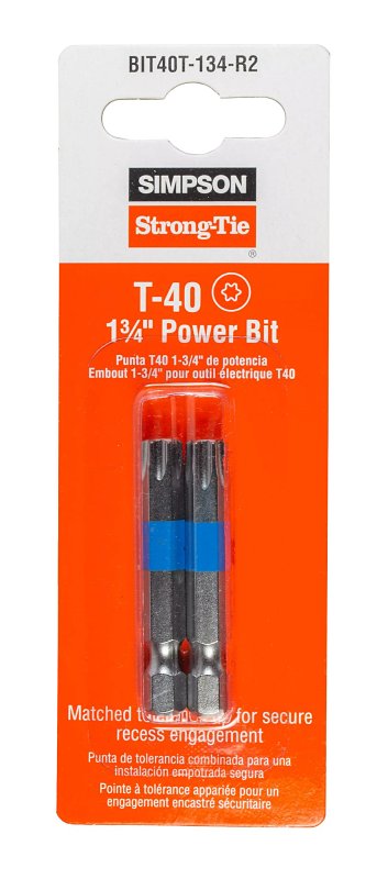 SIMPSON STRONG-TIE Simpson Strong-Tie BIT40T-134-R2 Driver Bit, T40 Drive, 6-Lobe Drive, 1/4 in Shank, Hex Shank, 1-3/4 in L, Steel HARDWARE & FARM SUPPLIES SIMPSON STRONG-TIE