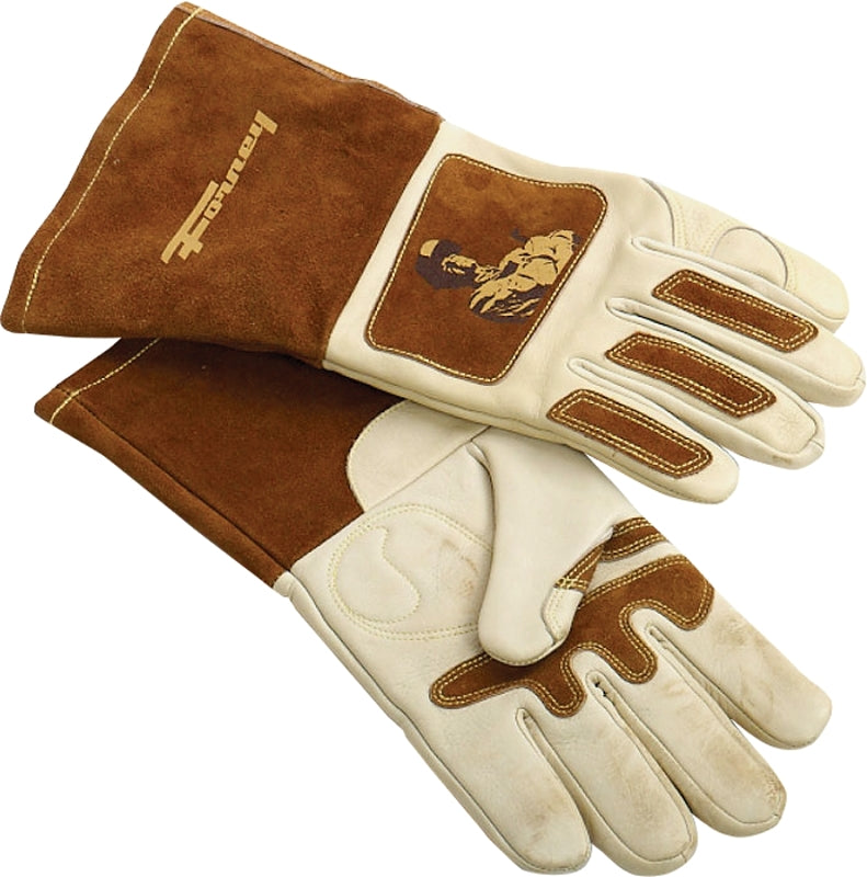 FORNEY ForneyHide 53410 Welding Gloves, Men's, L, 12-5/8 in L, Gauntlet Cuff, Brown/White, Reinforced Crotch Thumb