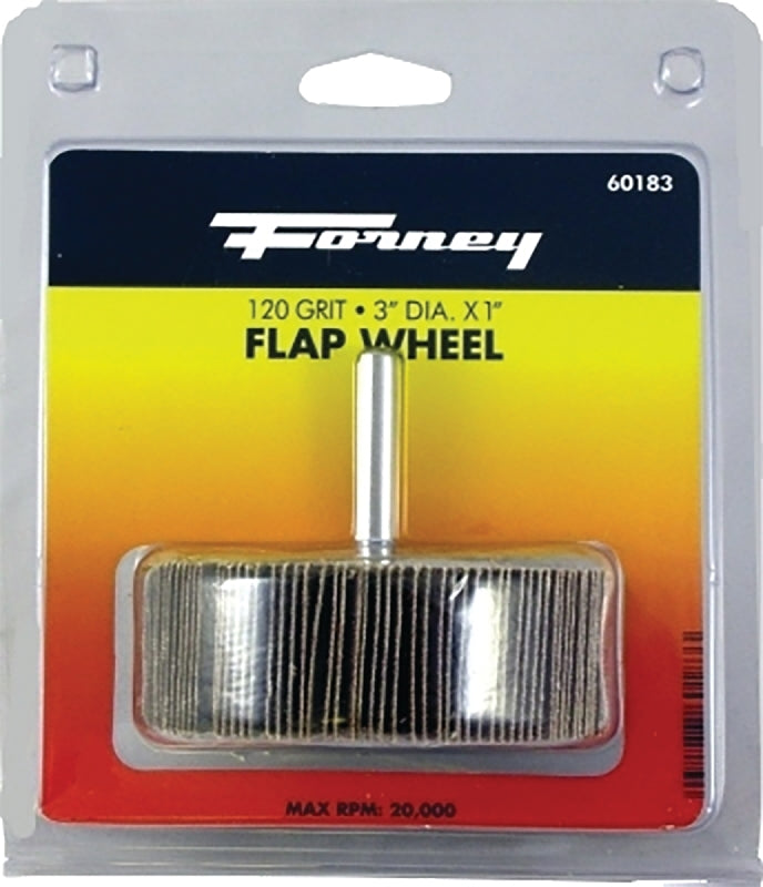 FORNEY Forney 60183 Flap Wheel, 3 in Dia, 1 in Thick, 1/4 in Arbor, 120 Grit, Aluminum Oxide Abrasive