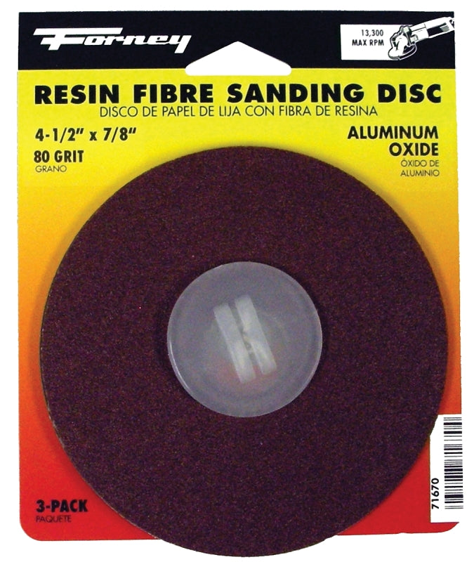 FORNEY Forney 71670 Sanding Disc, 4-1/2 in Dia, 7/8 in Arbor, Coated, 80 Grit, Medium, Aluminum Oxide Abrasive