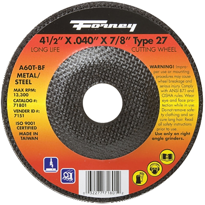 FORNEY Forney 71801 Cut-Off Wheel, 4-1/2 in Dia, 0.04 in Thick, 7/8 in Arbor, 60 Grit, Aluminum Oxide Abrasive, Medium TOOLS FORNEY