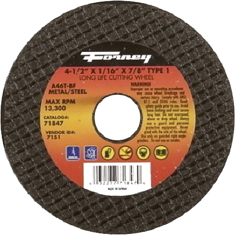 FORNEY Forney 71847 Cut-Off Wheel, 4-1/2 in Dia, 1/16 in Thick, 7/8 in Arbor, 46 Grit, Medium, Aluminum Oxide Abrasive TOOLS FORNEY